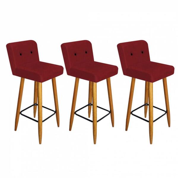 Kit 03 Banqueta Alta Com Encosto Lana Botão Preto Vermelho