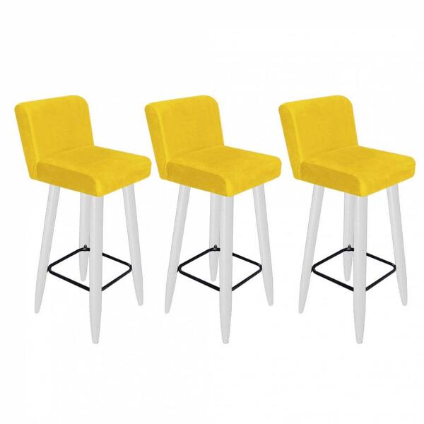 Kit 03 Banqueta Alta Com Encosto Lana Branco Amarelo