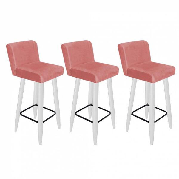 Kit 03 Banqueta Alta Com Encosto Lana Branco Rose Gold