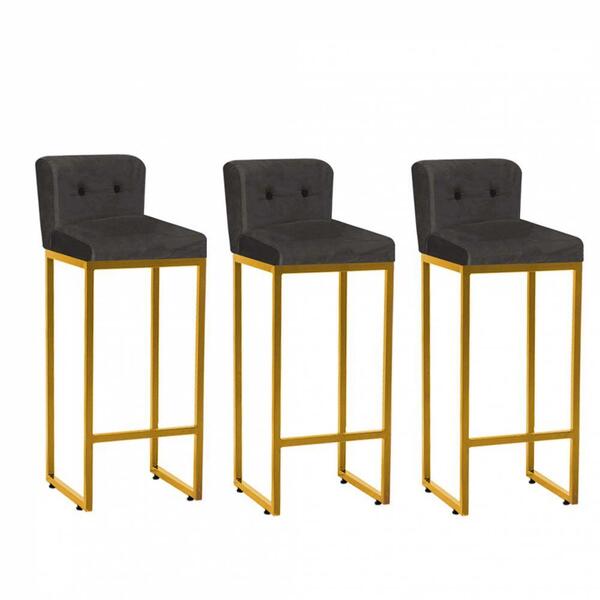 Kit 03 Banqueta Alta Dourado Botão Cinza