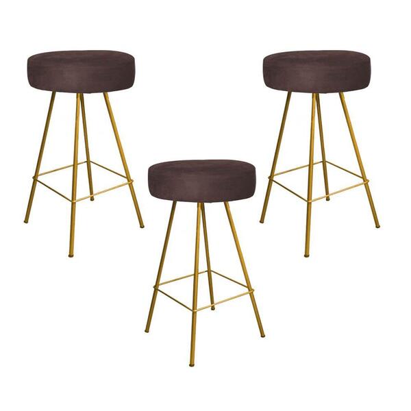 Kit 03 Banqueta Alta Laisa Dourado Suede Marrom