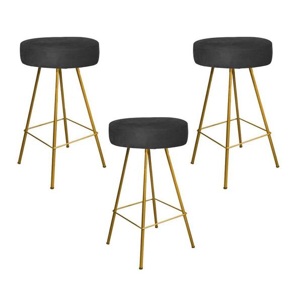 Kit 03 Banqueta Alta Laisa Dourado Suede Preto