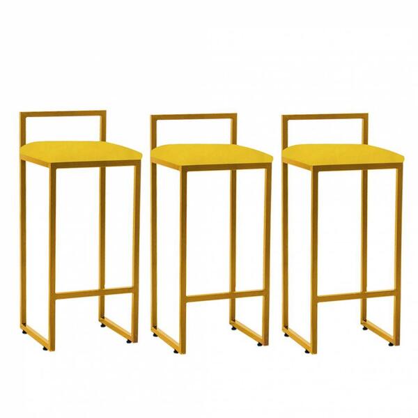 Kit 03 Banqueta Alta Lina Dourado Suede Amarelo