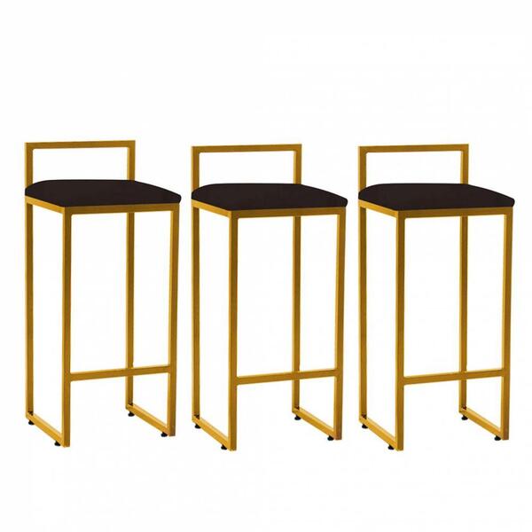 Kit 03 Banqueta Alta Lina Dourado Suede Marrom