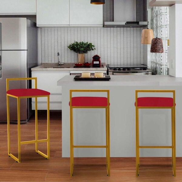 Kit 03 Banqueta Alta Lina Dourado Vermelho