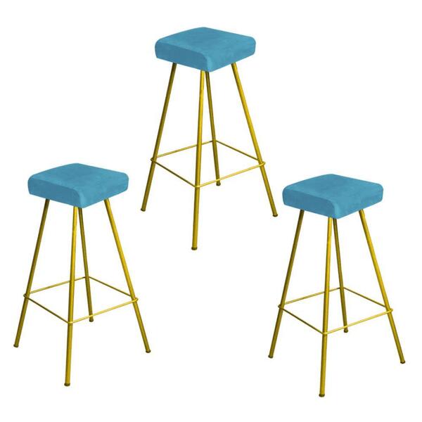 Kit 03 Banqueta Alta Lira Dourado Suede Azul Turquesa