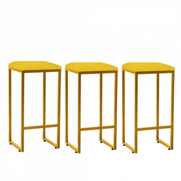 Kit 03 Banqueta Alta Lua Dourado Corino Amarelo