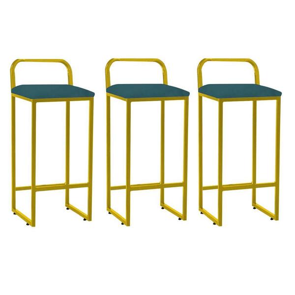 Kit 03 Banqueta Alta Luffi Com Encosto Dourado Azul