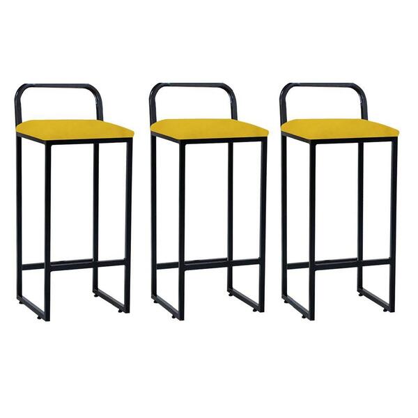 Kit 03 Banqueta Alta Luffi Com Encosto Preto Amarelo