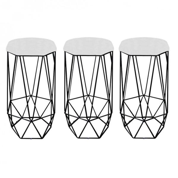 Kit 03 Banqueta Aramado Preto Corino Branco