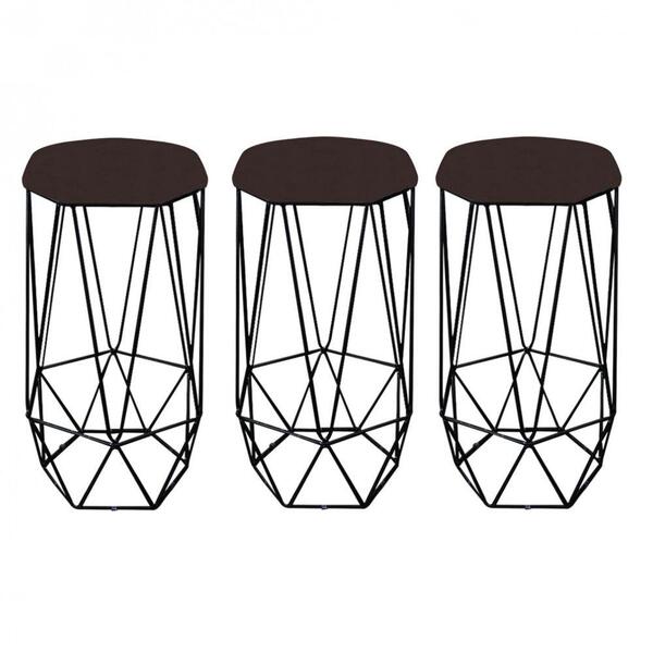 Kit 03 Banqueta Aramado Preto Corino Marrom