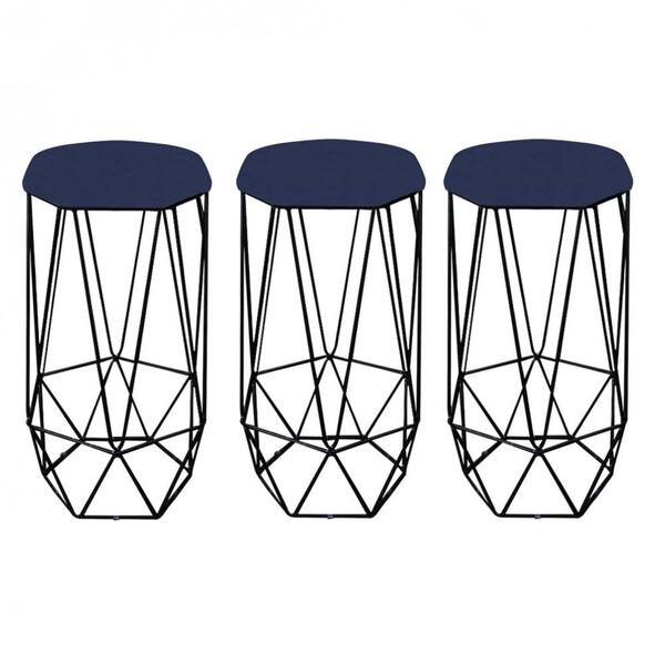 Kit 03 Banqueta Aramado Preto Suede Azul Marinho