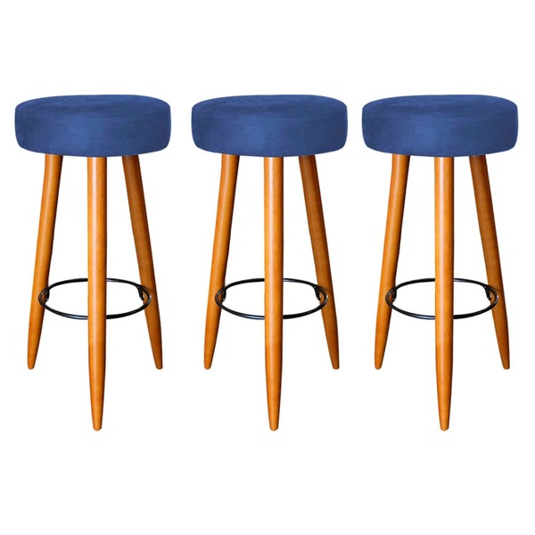 Kit 03 Banqueta Rubi Pés Madeira Suede Azul Marinho