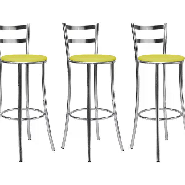 Kit 03 Banquetas Alta Bento Cromado Bq12c Corano Amarelo Hks