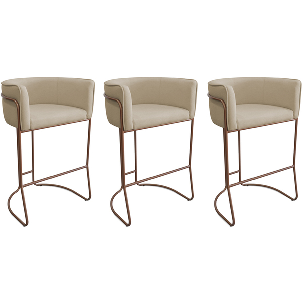Kit 03 Banquetas Alta Com Encosto Betina Base Cobre Linho Are