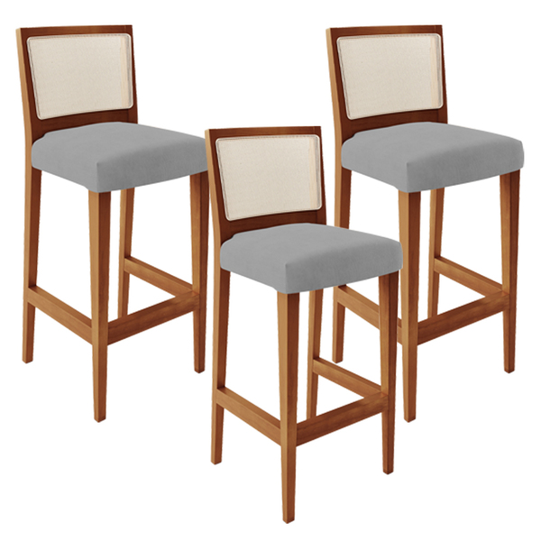 Kit 03 Banquetas Alta Para Cozinha Encosto Em Tela Branco Zio