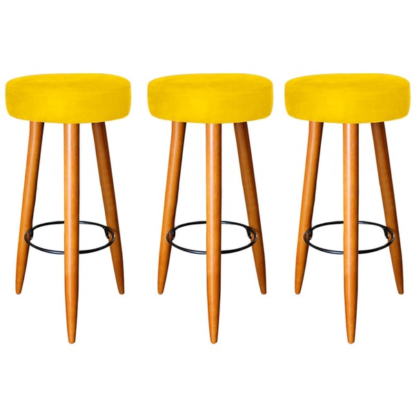 Kit 03 Banquetas Rubi Pés Madeira Suede Amarelo