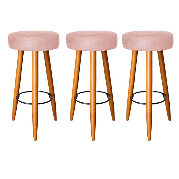 Kit 03 Banquetas Rubi Pés Madeira Suede Rose