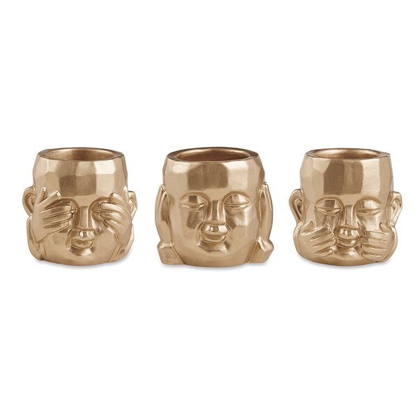 Kit 03 Cachepot Buda Sabedoria Dourado Em Cimento 7 5 Cm - D'