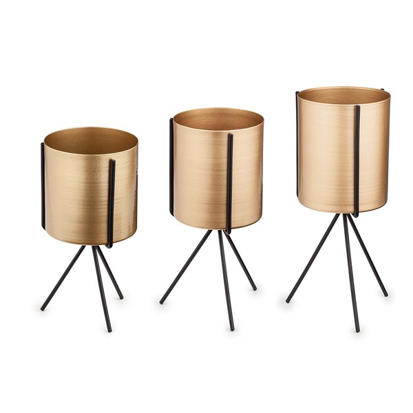 Kit 03 Cachepot Metálico Dourado Com Suporte Preto - D'rossi