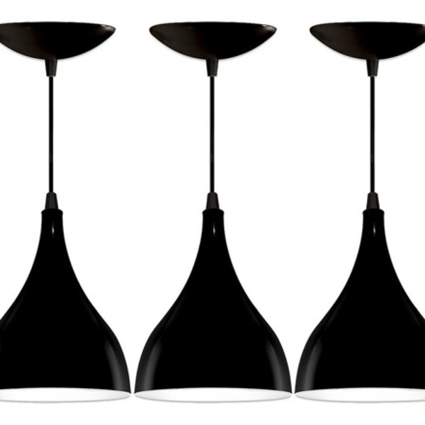 Kit 03 Luminárias Lustre Gota Preta Brilhante