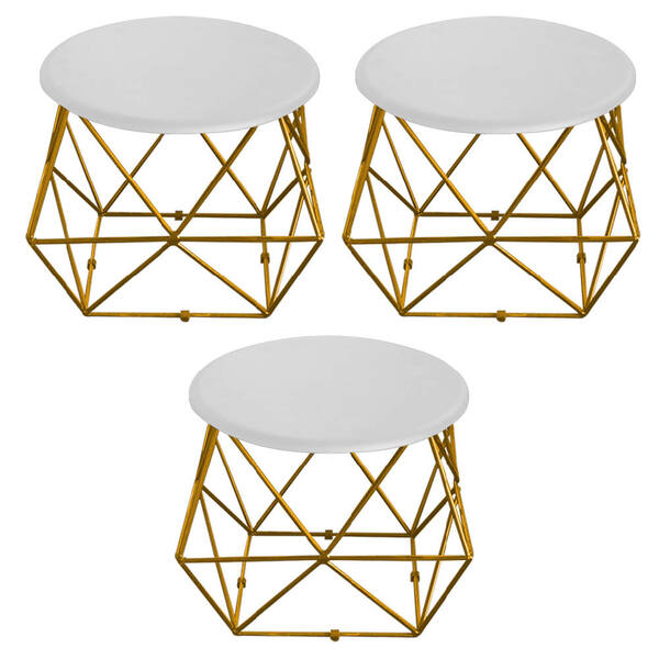 Kit 03 Mesa De Centro Lol Industrial Pé Ferro Dourado Tampo M