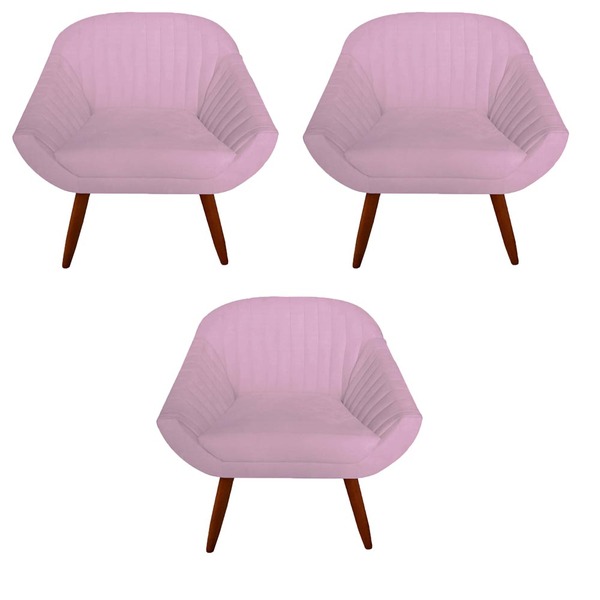 Kit 03 Poltrona Anitta Pés Palito Suede Rosa Bebê - D'classe