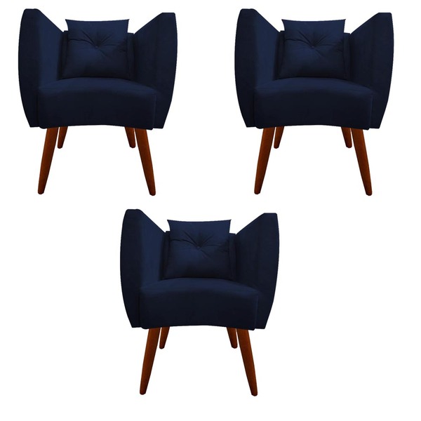 Kit 03 Poltrona Bia Pés Palito Suede Azul Marinho - D'classe