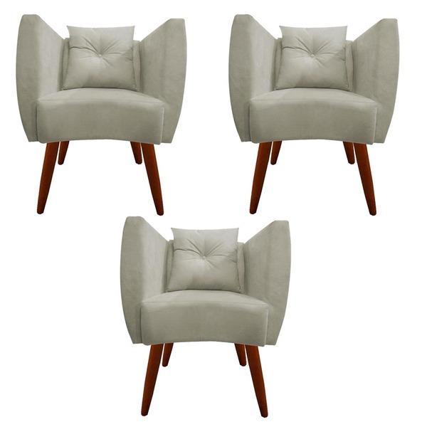 Kit 03 Poltrona Bia Pés Palito Suede Bege - D'classe Decor