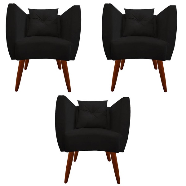 Kit 03 Poltrona Bia Pés Palito Suede Preto - D'classe Decor