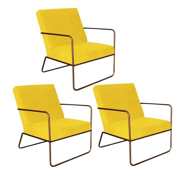 Kit 03 Poltronas Cadeira Malta Aramado Bronze Suede Amarelo