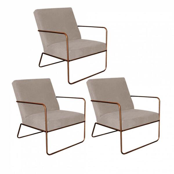 Kit 03 Poltronas Cadeira Malta Aramado Bronze Suede Bege