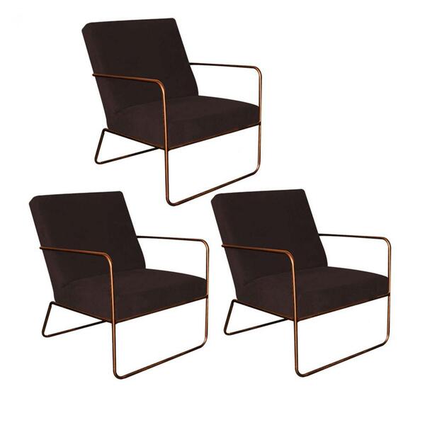 Kit 03 Poltronas Cadeira Malta Aramado Bronze Suede Marrom