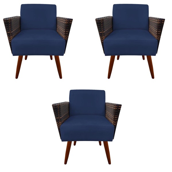 Kit 03 Poltronas Chanel Braça Tramada Pés Palito Suede Azul M