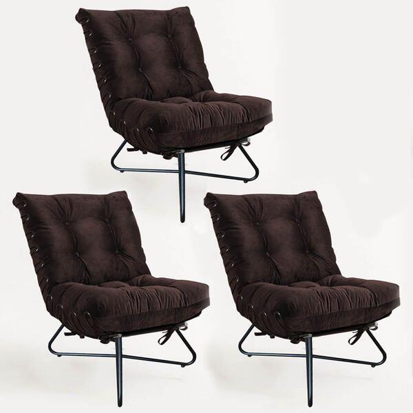 Kit 03 Poltronas Costela Ferro Industrial Corino Marrom