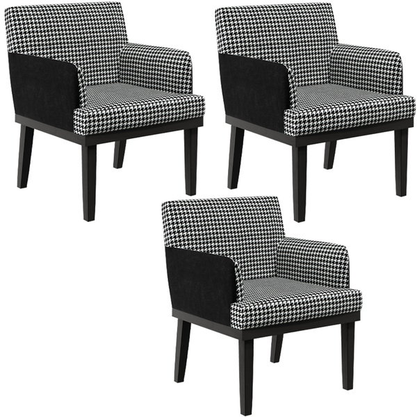 Kit 03 Poltronas Decorativa Base Preto Beatriz W01 Suede Pied