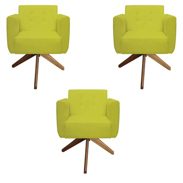 Kit 03 Poltronas Decorativa Duda Base Giratória Suede Amarelo