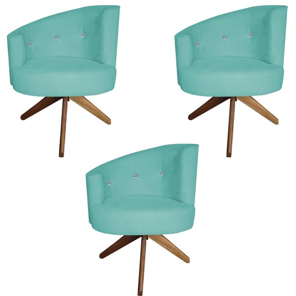 Kit 03 Poltronas Decorativa Giovana Base Giratória Suede Azul