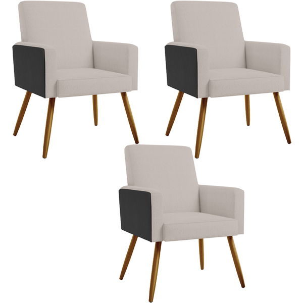 Kit 03 Poltronas Decorativa Maria W01 Pés Palito Linho Bege C