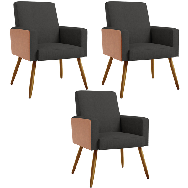 Kit 03 Poltronas Decorativa Maria W01 Pés Palito Linho Chumbo