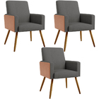Kit 03 Poltronas Decorativa Maria W01 Pés Palito Linho Cinza