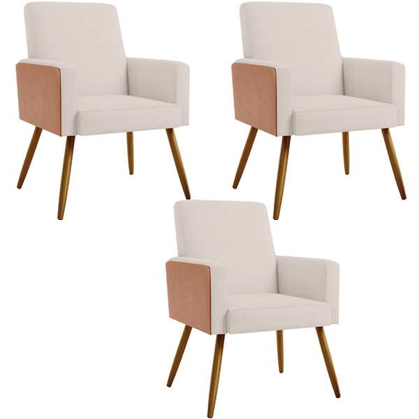 Kit 03 Poltronas Decorativa Maria W01 Pés Palito Linho Cru Co
