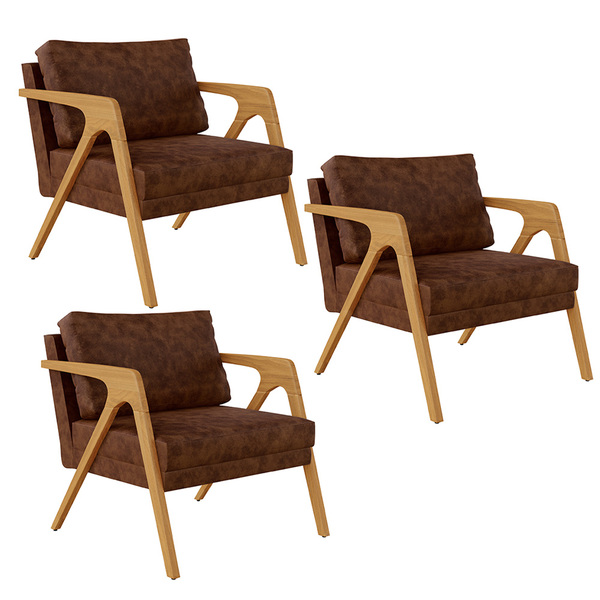 Kit 03 Poltronas Decorativa Sala Estar Pietra Com Estrutura M