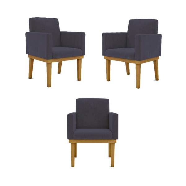 Kit 03 Poltronas Decorativas Base Reforçada Sala Quarta Cinza
