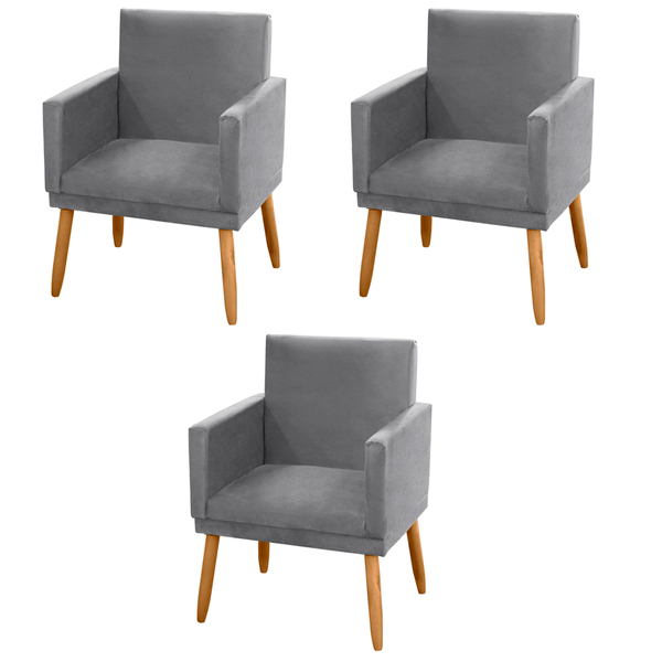Kit 03 Poltronas Decorativas Lauren Pés Palito Suede Cinza -