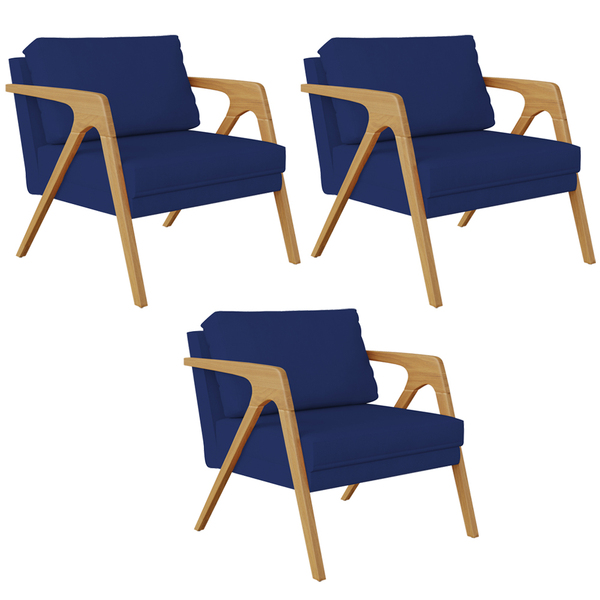 Kit 03 Poltronas Decorativas Sala Pietra Estrutura De Madeira