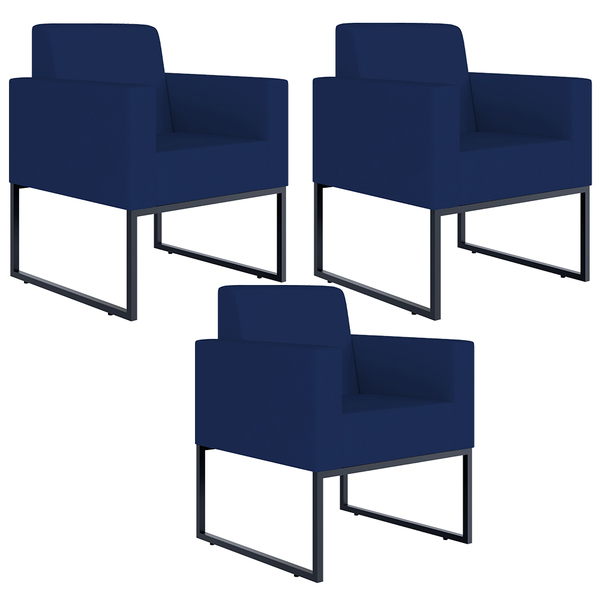 Kit 03 Poltronas Decorativas Sala Recepção Base Fixa Metal He