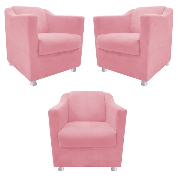 Kit 03 Poltronas Decorativas Tilla Suede Rosa Bebê - Amarena