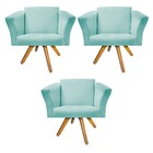Kit 03 Poltronas Diana Base Giratória De Madeira Suede Azul T
