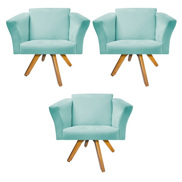 Kit 03 Poltronas Diana Base Giratória De Madeira Suede Azul T